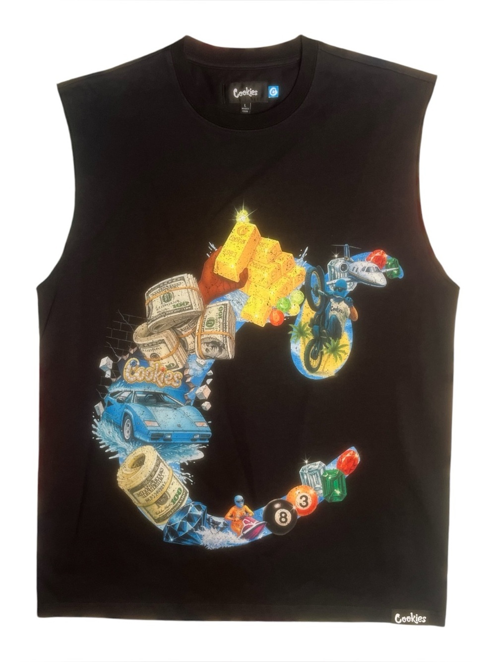 Sz large cookies graphics men’s cut off tee black